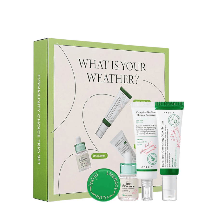 AXIS-Y "What is your weather?" hudvårdskit i grön förpackning inkluderar fem produkter: solkräm, återfuktande kräm, serum, behandlingsgel och ansiktsmask, anpassade för olika hudtyper och klimat.