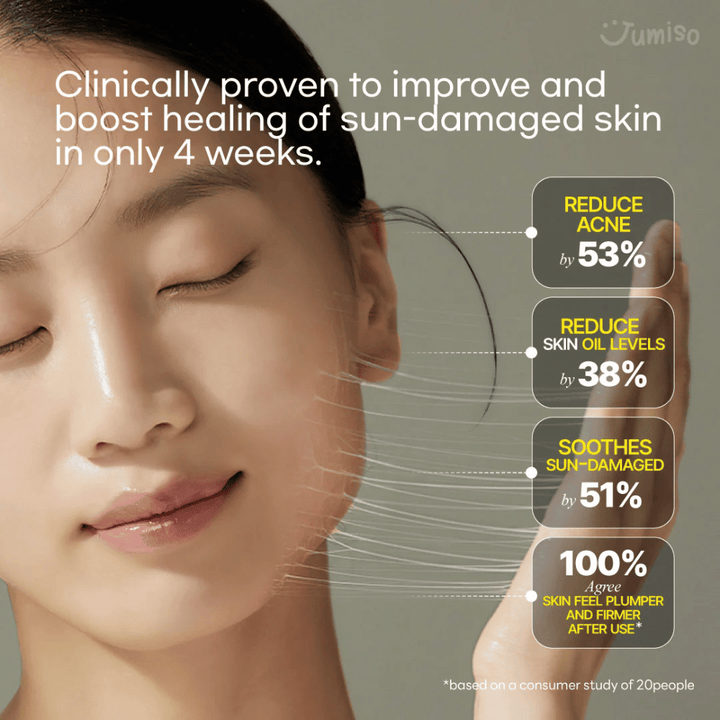Leende kvinna med slät och strålande hud illustrerar effekterna av Jumiso Snail Mucin 95 + Peptide. Kliniskt bevisad förbättring av solskadad hud inom 4 veckor.