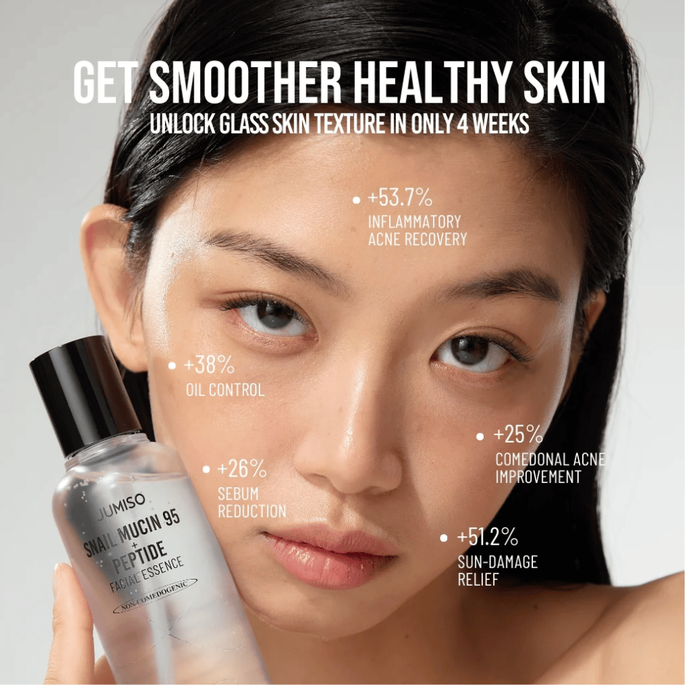 Kvinna med jämn hudton håller i Jumiso Snail Mucin 95 + Peptide Facial Essence. Texten visar förbättringar som minskad akne, mindre olja och ökad hudåterhämtning.