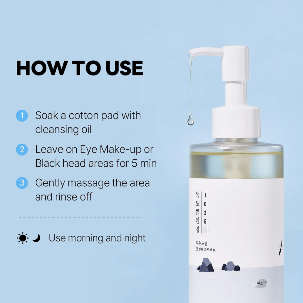 Round Lab 1025 Dokdo Cleansing Oil, joka liuottaa tehokkaasti meikin, aurinkosuojan ja epäpuhtaudet kevyellä ja kosteuttavalla öljykoostumuksella