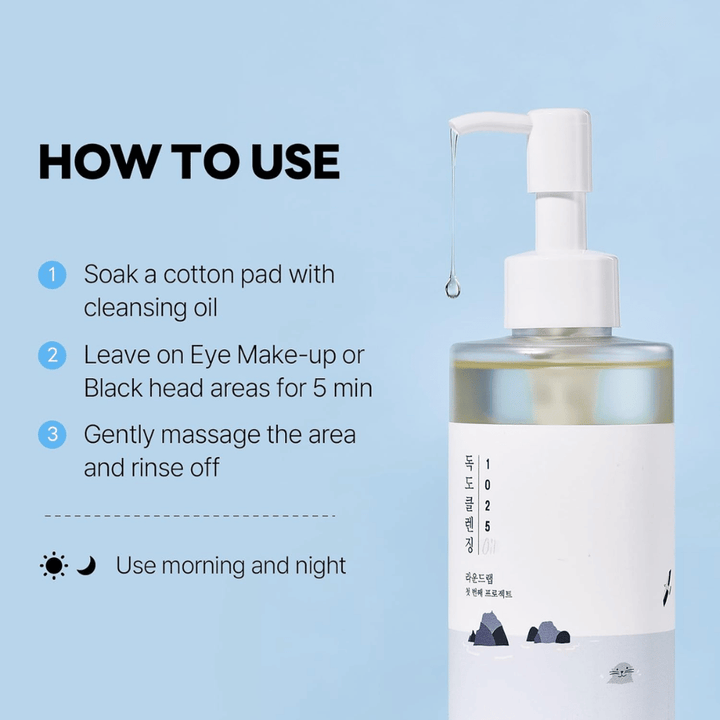 Round Lab 1025 Dokdo Cleansing Oil, joka liuottaa tehokkaasti meikin, aurinkosuojan ja epäpuhtaudet kevyellä ja kosteuttavalla öljykoostumuksella