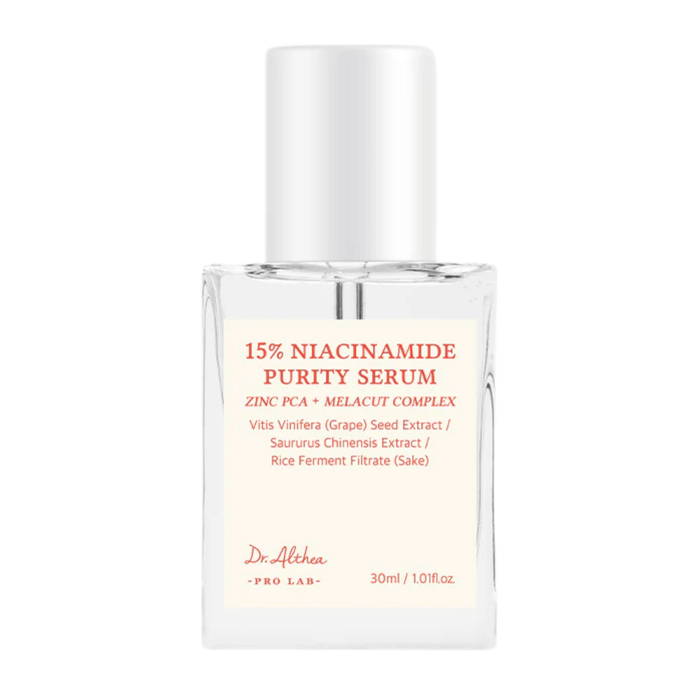 Dr. Althea 15% Niacinamide Purity Serum on edistynyt seerumi, joka yhdistää 15 % niasiiniamidia Zinc PCA:n ja MELACUT COMPLEXin kanssa kirkastamaan, pienentämään huokosia ja parantamaan ihon rakennetta. Täydellinen säteilevälle ja tasaiselle ihonsävylle.