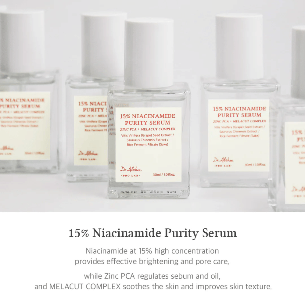 Dr. Althea 15% Niacinamide Purity Serum korkealla niasiiniamidipitoisuudella kirkkaampaa ihoa ja huokosten pienentämistä varten. Sisältää Zinc PCA:ta talinerityksen säätelyyn ja MELACUT COMPLEXia rauhoittamaan ihoa ja parantamaan rakennetta. Tyylikäs pakkaus ammattimaiseen vaikutelmaan.