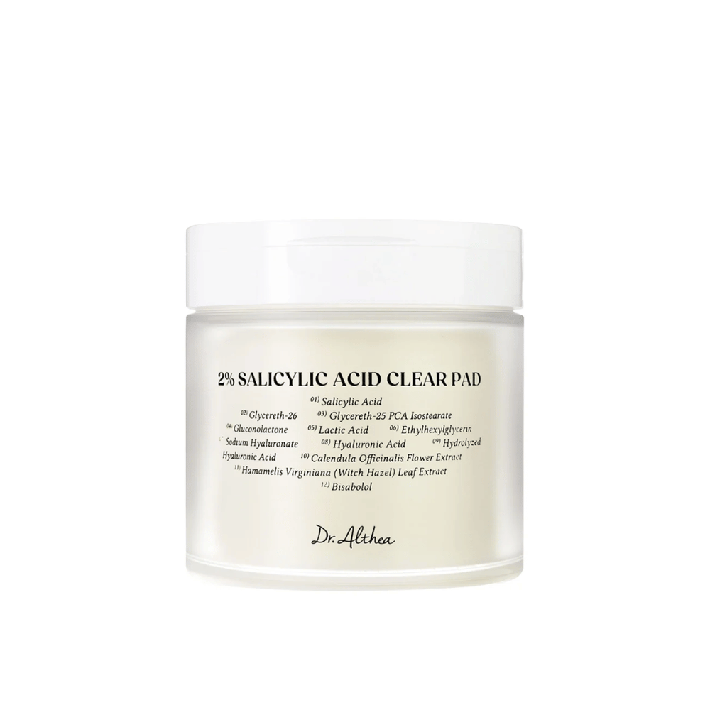 Tuotekuva Dr. Althea 2% Salicylic Acid Clear Pad valkoisella taustalla. Kuorivat pads akneen taipuvaiselle ja rasvaiselle iholle salisyylihapolla ja rauhoittavilla ainesosilla.