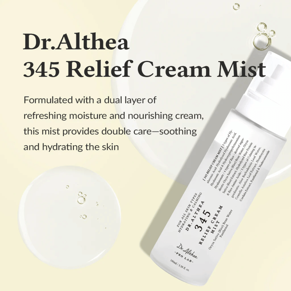 Tuotekuva Dr. Althea 345 Relief Cream Mist kuvauksella rauhoittavasta ja kosteuttavasta koostumuksesta, joka tarjoaa kaksinkertaisen ihonhoidon yhdessä suihkeessa.