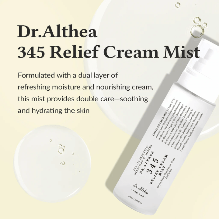 Tuotekuva Dr. Althea 345 Relief Cream Mist kuvauksella rauhoittavasta ja kosteuttavasta koostumuksesta, joka tarjoaa kaksinkertaisen ihonhoidon yhdessä suihkeessa.