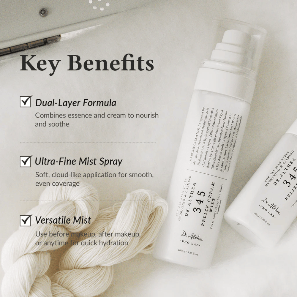 Dr. Althea 345 Relief Cream Mist keskittyen etuihin, kuten kaksikerroskoostumus, ultrahieno suihke ja monipuolinen käyttö nopeaan ja tasapainoiseen kosteutukseen.
