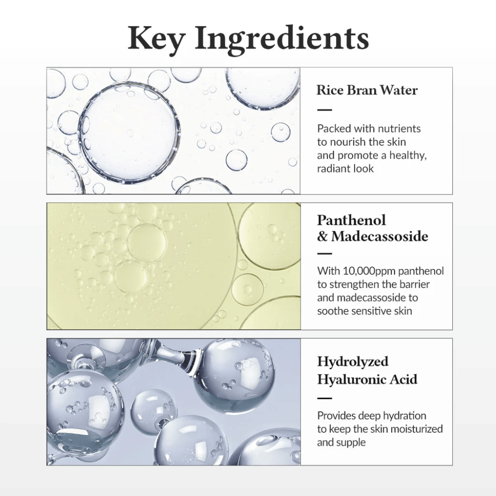Keskeiset ainesosat Dr. Althea 345 Relief Cream Mist, riisivesi, panthenol, madecassoside ja hydrolysoitu hyaluronihappo, jotka vahvistavat ihon estettä ja tarjoavat syväkosteutusta.