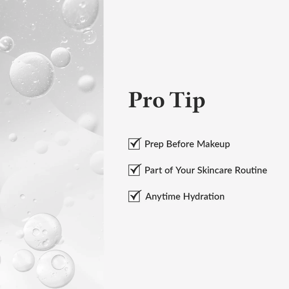 Pro Tip -grafiikka, joka näyttää kuinka Dr. Althea 345 Relief Cream Mist käytetään kosteutukseen ennen meikkiä, osana ihonhoitorutiinia tai milloin tahansa päivän aikana.