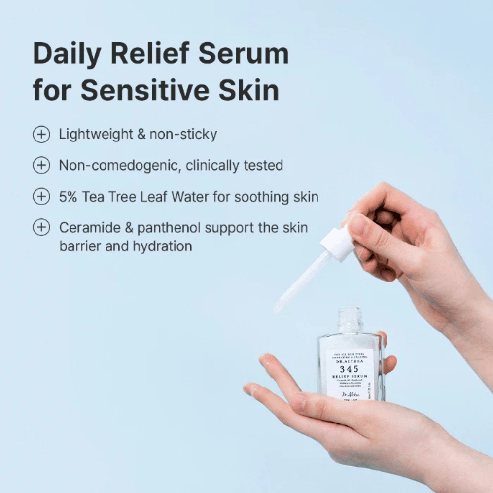Dr. Althea 345 Relief Serum keramideilla, pantenolilla ja tea tree-vedellä herkälle iholle ja pitkäkestoiseen kosteutukseen.