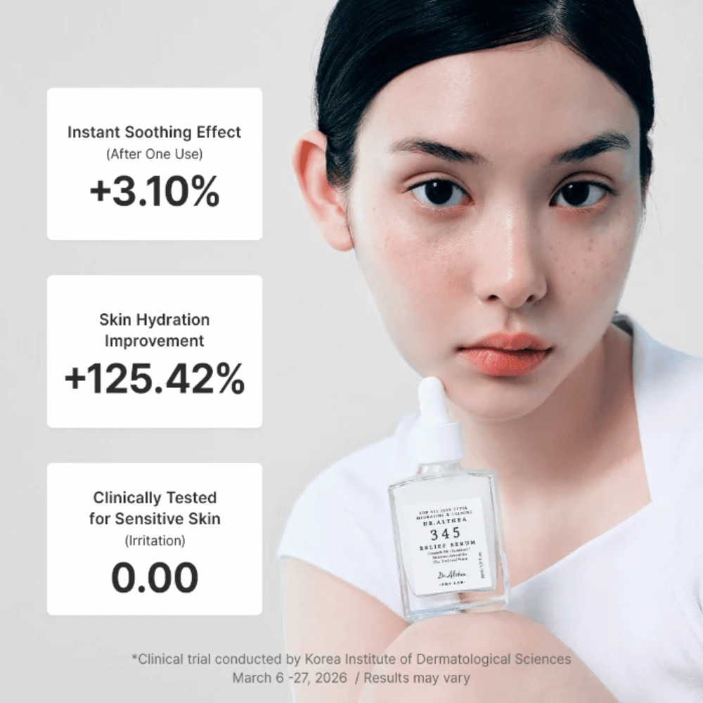 Malli pitelee Dr. Althea 345 Relief Serum – rauhoittava seerumi herkälle iholle, joka kosteuttaa ja vahvistaa ihon suojamuuria.