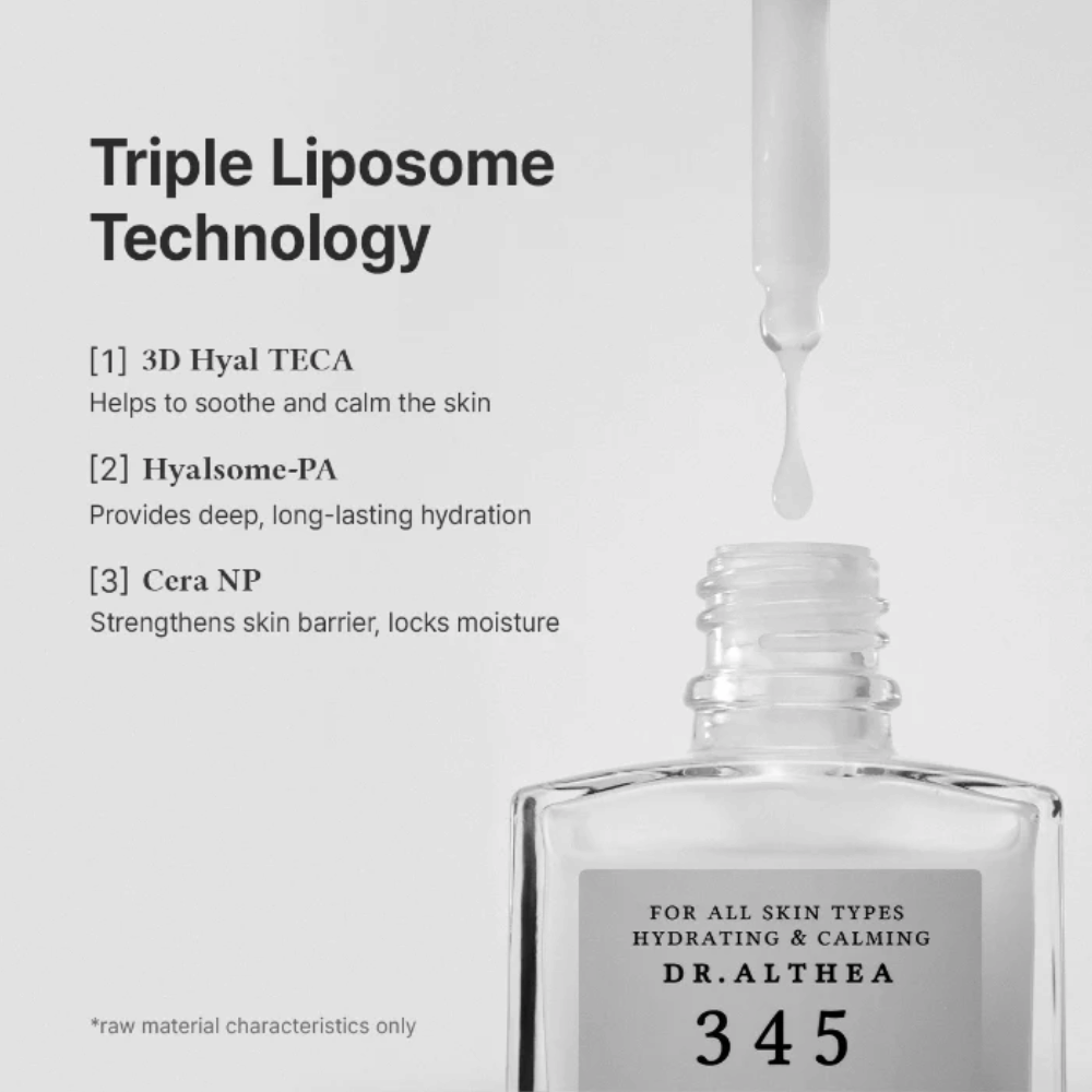 Dr. Althea 345 Relief Serum kolminkertaisella liposomiteknologialla, keramideilla ja hyaluronihapolla intensiiviseen kosteutukseen ja rauhoittavaan vaikutukseen.