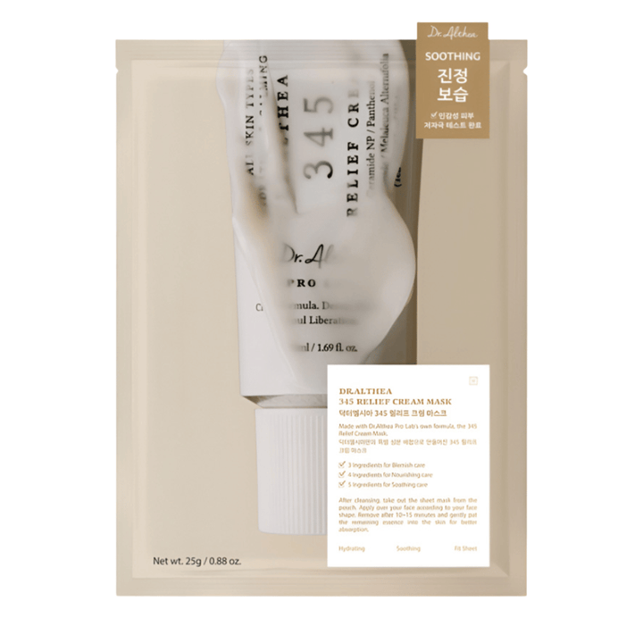 Dr. Althea 345 Relief Cream Mask Sheet mask rauhoittavilla ainesosilla, kuten niasiiniamidi, keramidi ja centella asiatica