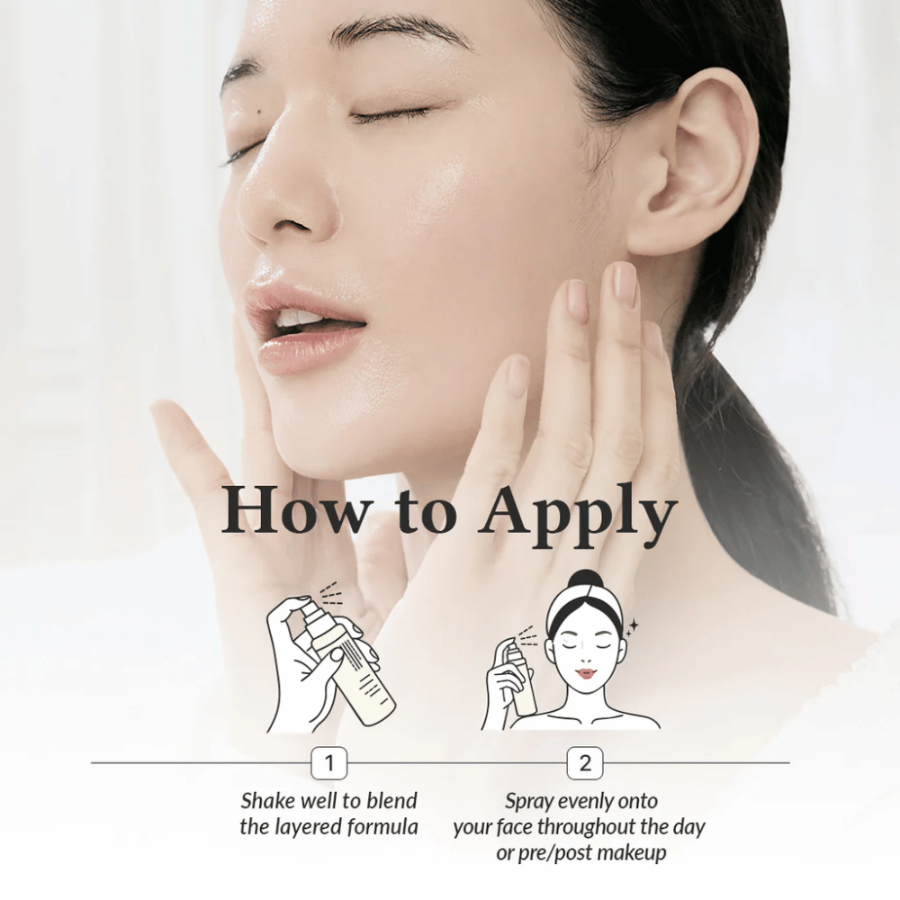 Kuinka levittää Dr. Althea 345 Relief Cream Mist, jossa malli suihkuttaa kasvoja tasaisen kosteutuksen saavuttamiseksi ennen ja jälkeen meikin hienojakoisella suihkeella.