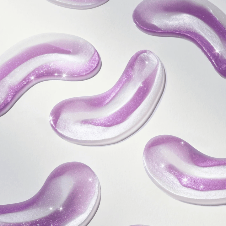 Lilan sävyiset hydrogeelinaamiot 360° Shot PDRN Glowing Eye Patch, suunniteltu antamaan kirkkautta, kosteutusta ja sileämpää ihoa silmien alle.