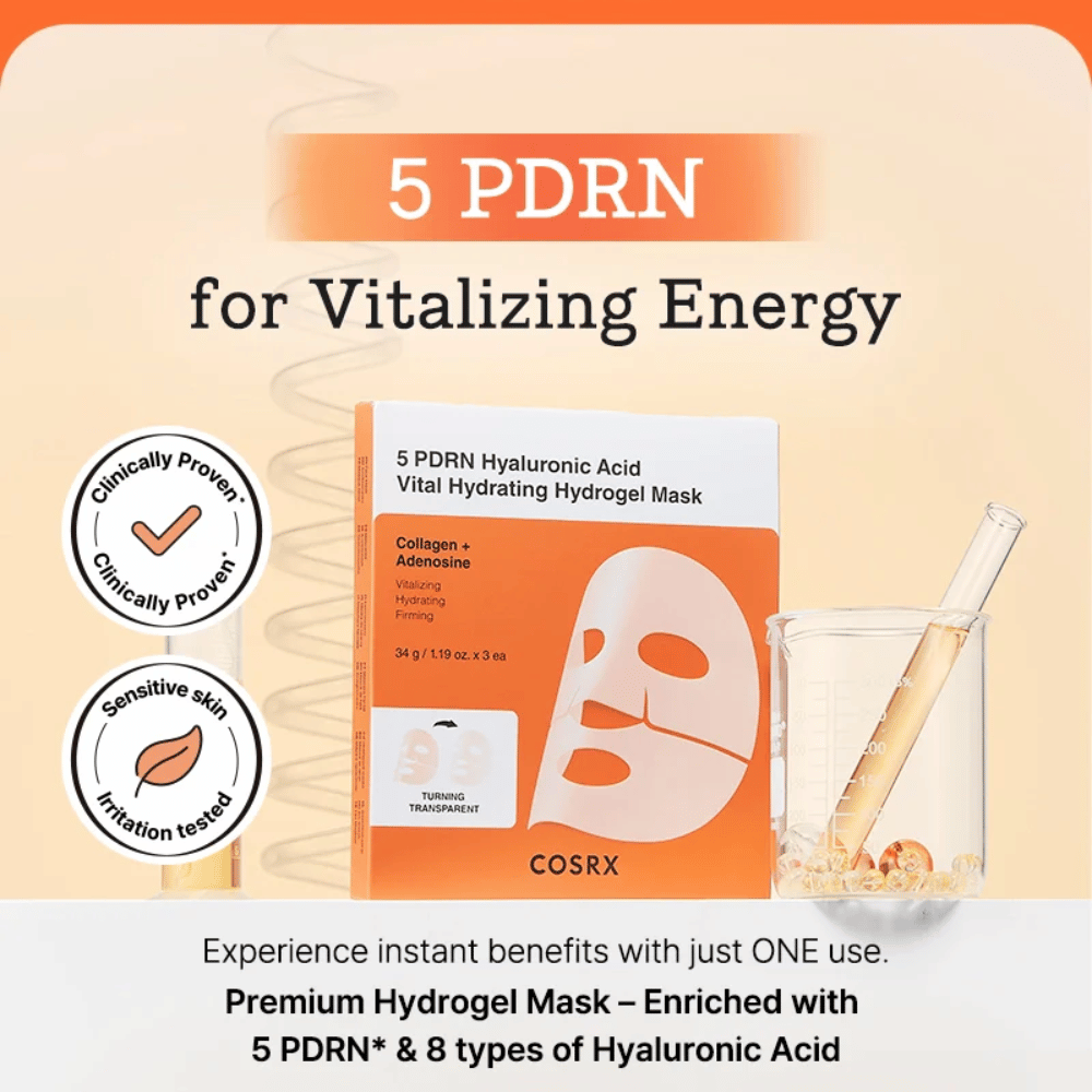 COSRX 5 PDRN Vital Hydrating Hydrogel Mask hyaluronihapolla ja kollageenilla, kliinisesti testattu hehkulle, kiinteämmälle iholle ja parannetulle ihon suojakerrokselle