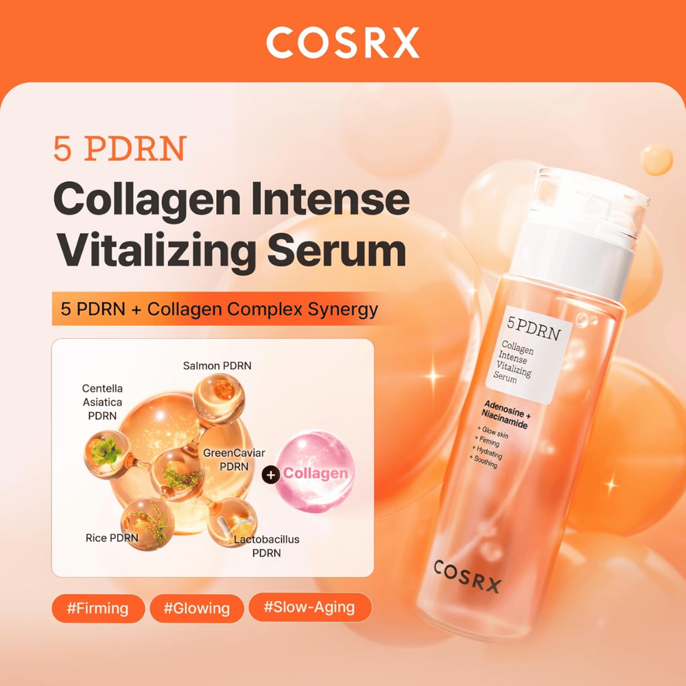 COSRX 5 PDRN seerumi kollageenikompleksilla, joka vahvistaa ihon suojakerrosta, antaa hehkua ja ehkäisee ikääntymisen merkkejä