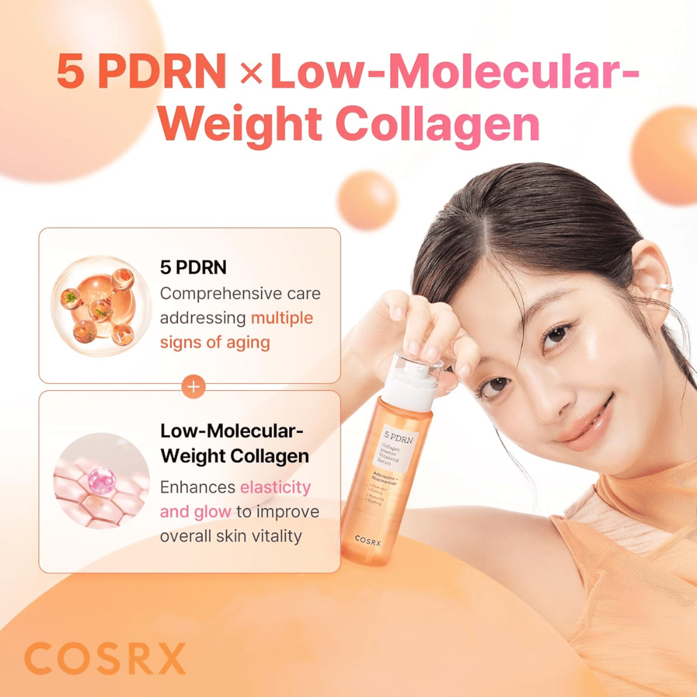 COSRX 5 PDRN Collagen Intense Vitalizing Serum matalamolekyylisellä kollageenilla, joka tekee ihosta kiinteämmän, antaa hehkua ja tarjoaa anti-age-vaikutuksen