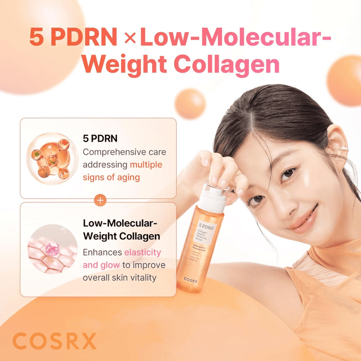 COSRX 5 PDRN Collagen Intense Vitalizing Serum matalamolekyylisellä kollageenilla, joka tekee ihosta kiinteämmän, antaa hehkua ja tarjoaa anti-age-vaikutuksen
