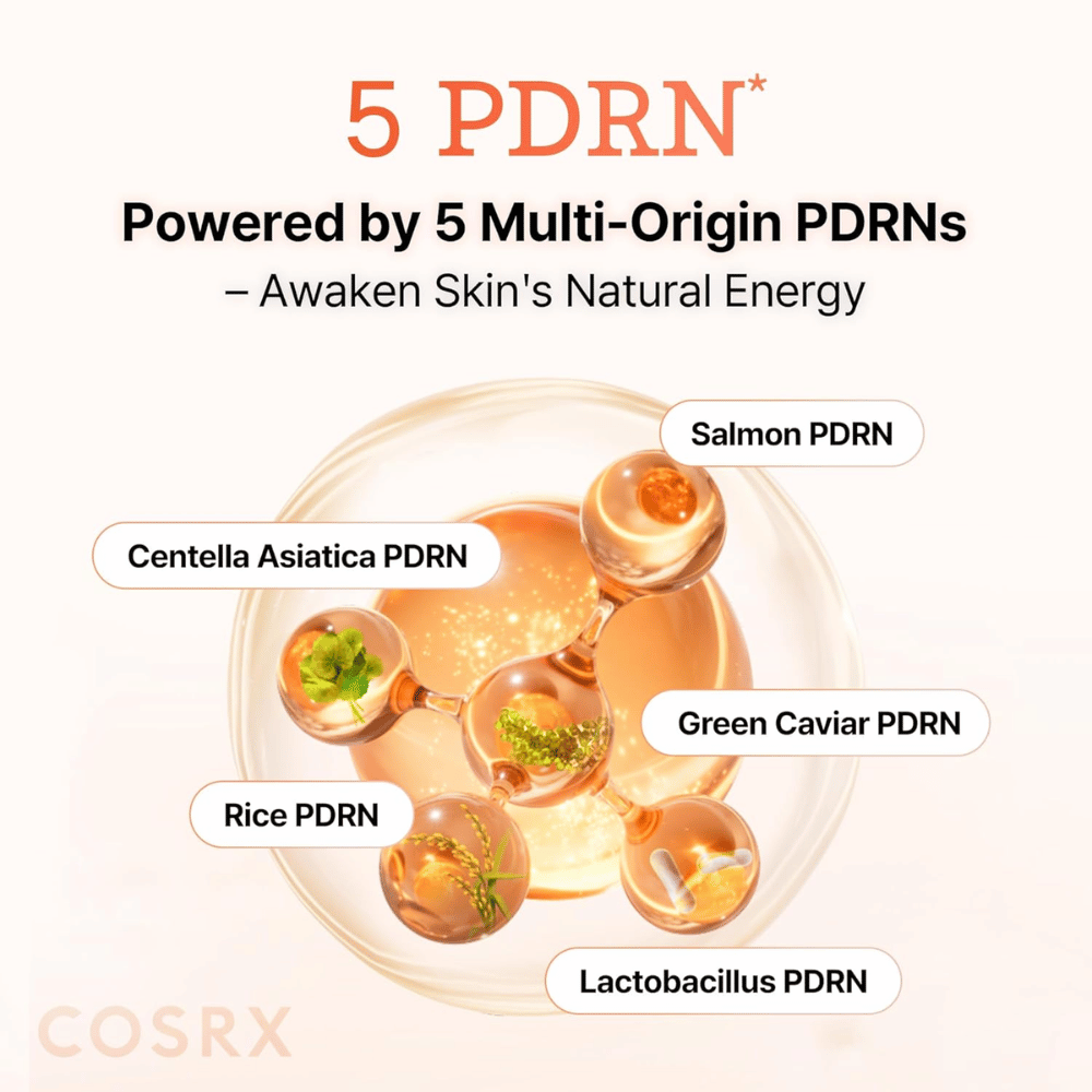 COSRX 5 PDRN seerumi multi-origin PDRN lohesta, centella asiaticasta, riisistä ja probiooteista, jotka vahvistavat ihoa ja parantavat elastisuutta