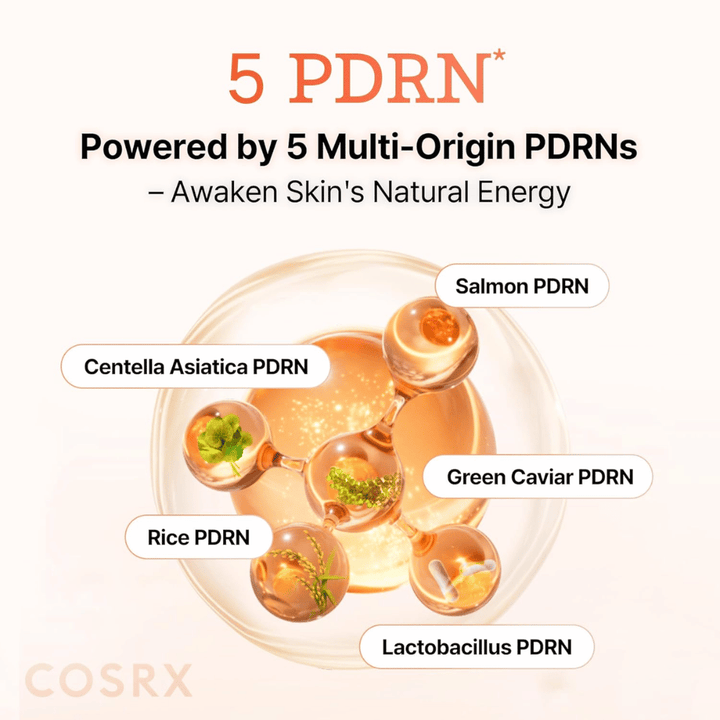 COSRX 5 PDRN seerumi multi-origin PDRN lohesta, centella asiaticasta, riisistä ja probiooteista, jotka vahvistavat ihoa ja parantavat elastisuutta