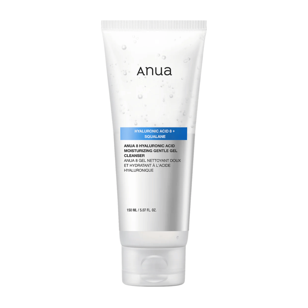 Tuotekuva Anua 8 Hyaluronic Acid Moisturizing Gentle Gel Cleanser valkoisessa tuubissa. Hellävarainen geelipuhdistus, joka vahvistaa ihon kosteusbarriääriä ja tekee ihosta pehmeän ja tasapainoisen.