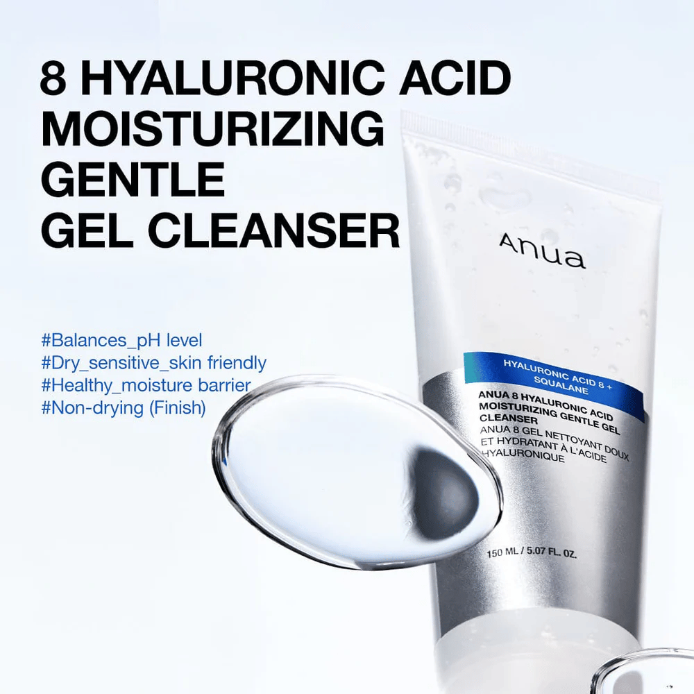 Anua 8 Hyaluronic Acid Moisturizing Gentle Gel Cleanser 150 ml sinistä taustaa vasten. Mieto geelipuhdistus squalane:lla, joka kosteuttaa ja sopii herkälle iholle.