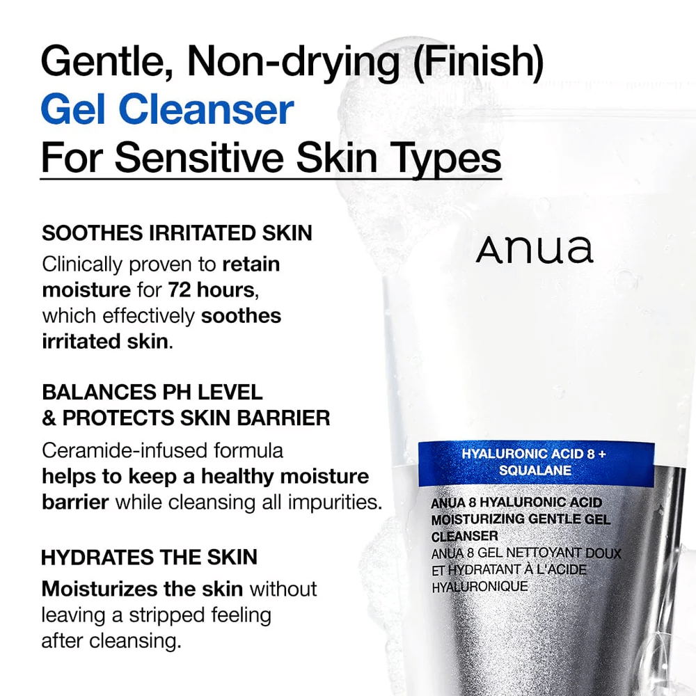 Anua 8 Hyaluronic Acid Moisturizing Gentle Gel Cleanser tekstillä, joka korostaa tuotteen ominaisuuksia: kosteuttaa 72 tuntia, tasapainottaa pH:ta ja suojaa ihon barriääriä.