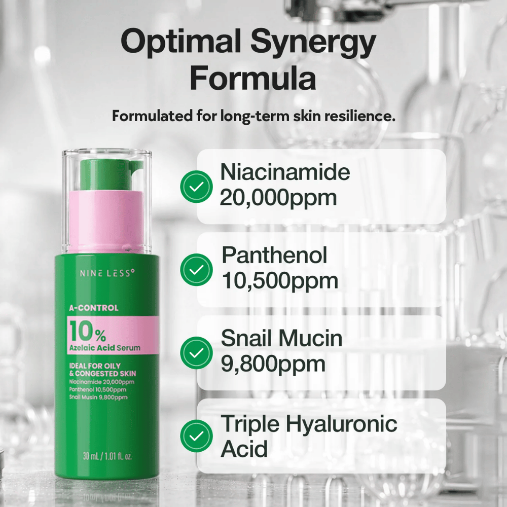 NINELESS A-Control 10% Azelaic Acid Serum niasiiniamidilla, pantenolilla, snail mucin ja hyaluronihapolla tasapainoisen ja kosteutetun ihon puolesta.