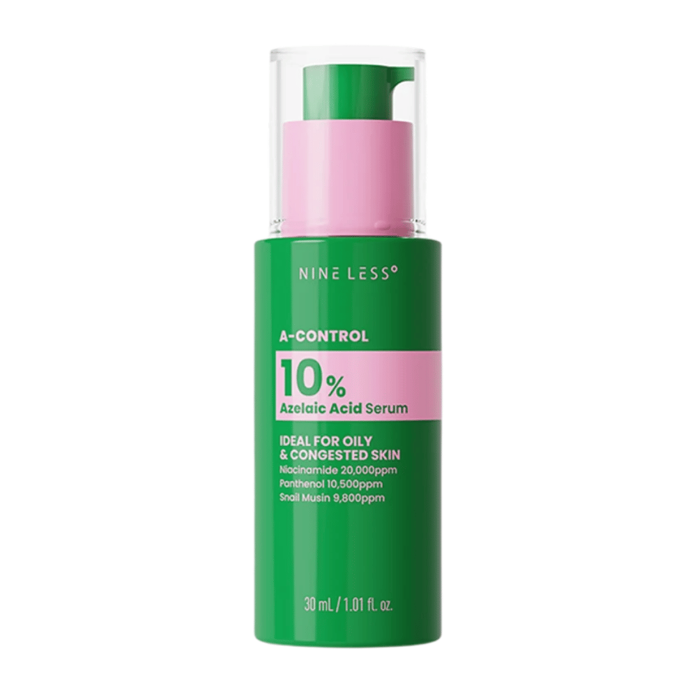 NINELESS A-Control 10% Azelaic Acid Serum 30 ml vihreässä pumppupullossa rasvaiselle ja tukkeutuneelle iholle.