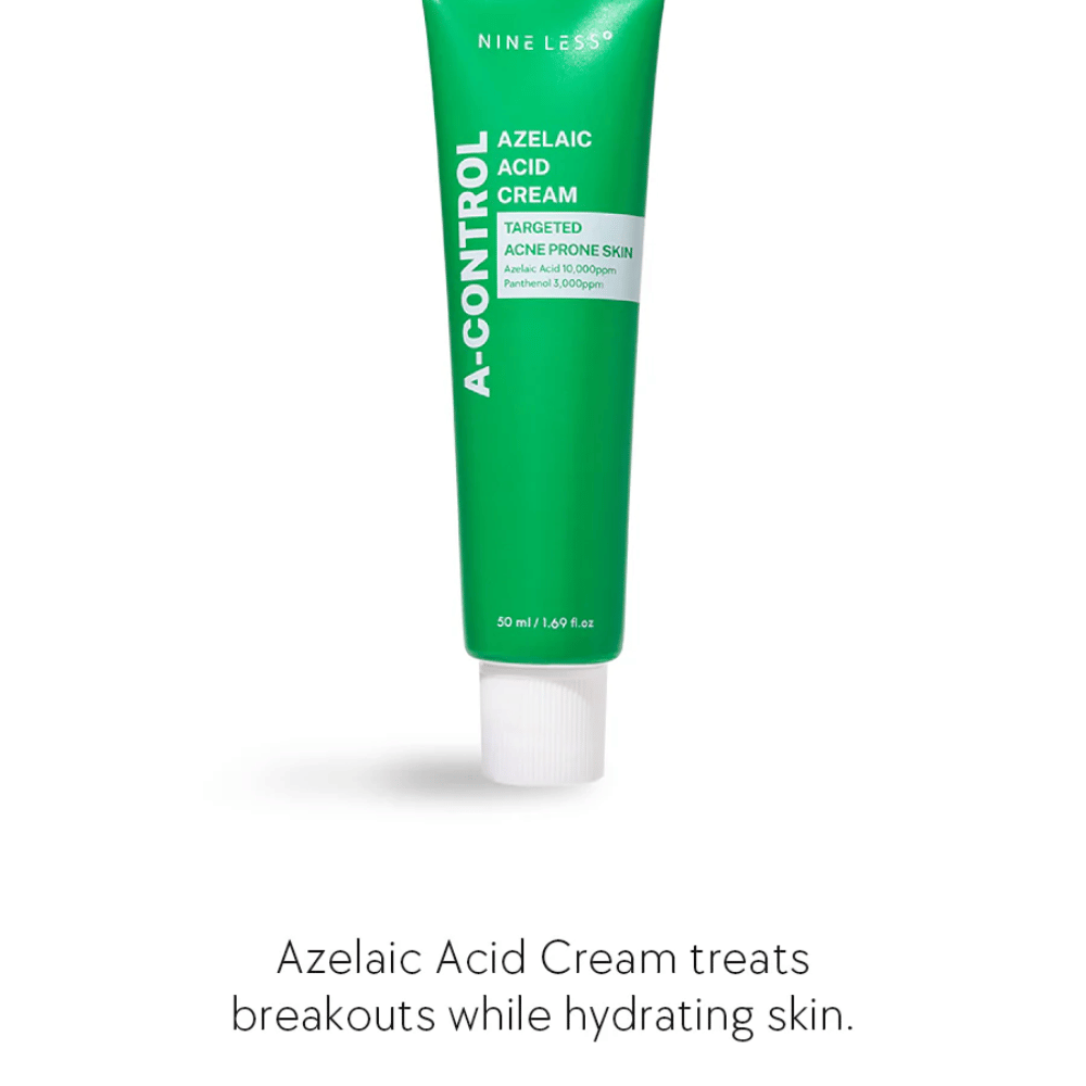NINELESS Azelaic Acid Cream kasvovoide – voide akneen taipuvaiselle iholle, joka auttaa ehkäisemään näppylöitä, kosteuttamaan ihoa ja tasoittamaan ihon sävyä.