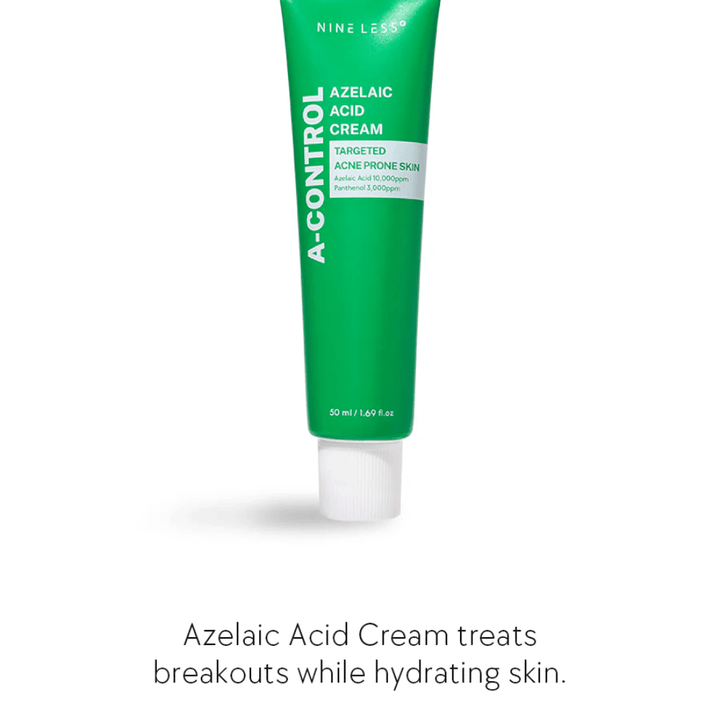 NINELESS Azelaic Acid Cream kasvovoide – voide akneen taipuvaiselle iholle, joka auttaa ehkäisemään näppylöitä, kosteuttamaan ihoa ja tasoittamaan ihon sävyä.
