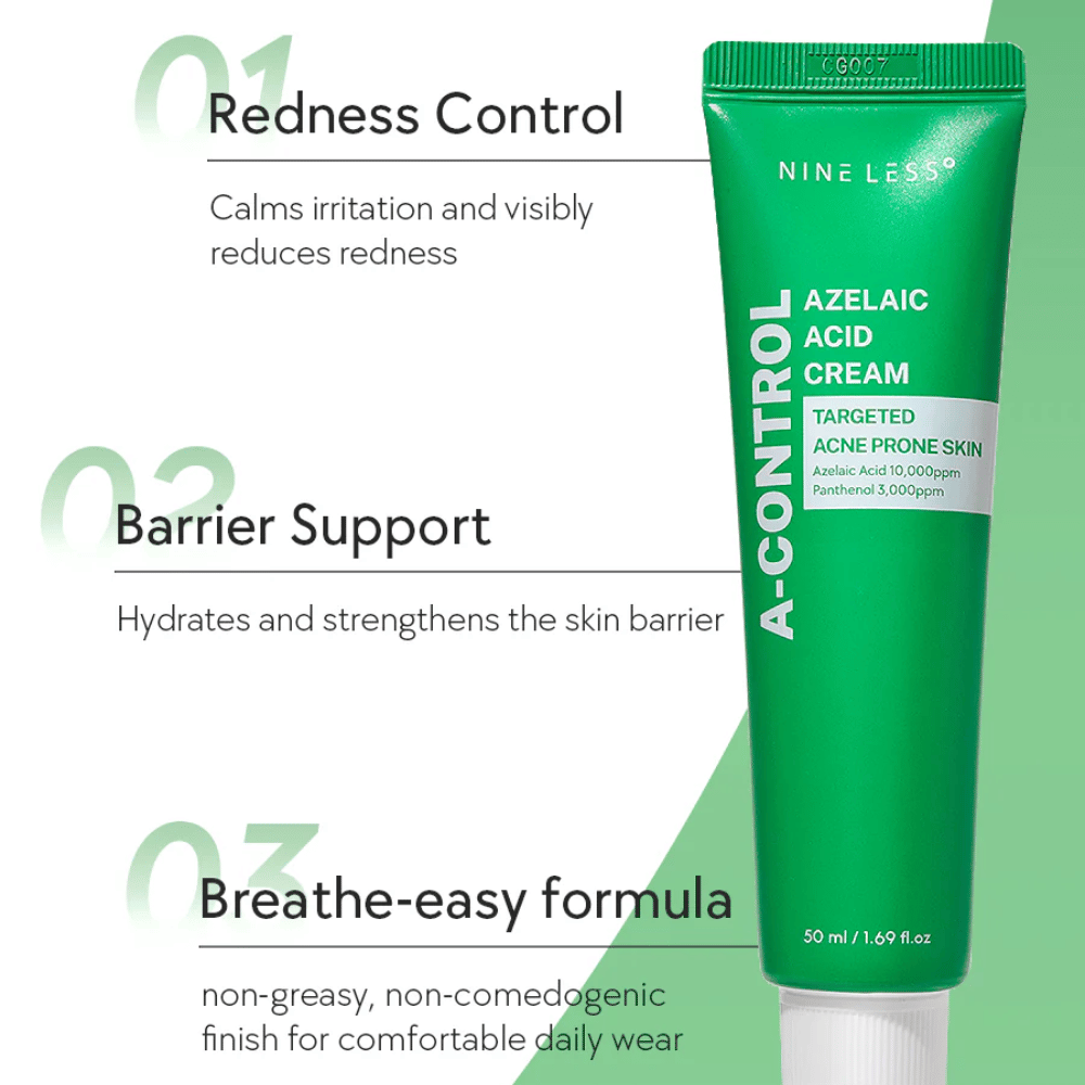NINELESS A-Control Azelaic Acid Cream – korealainen kasvovoide, jossa on atselaiinihappoa, joka auttaa vähentämään punoitusta, vahvistamaan ihon suojakerrosta ja antamaan kevyen, ei-rasvaisen pinnan.