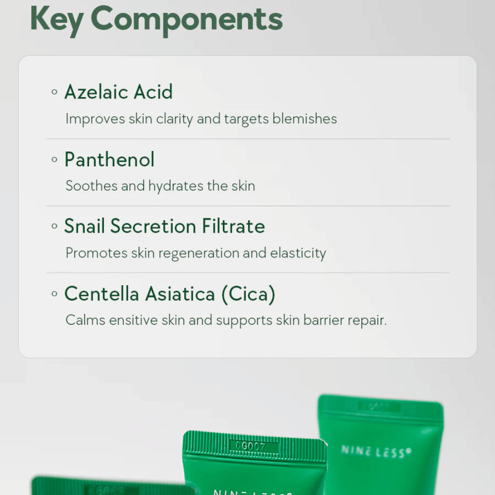 NINELESS A-Control Azelaic Acid Cream ainesosat – kasvovoide, jossa on atselaiinihappoa, pantenolia, snail mucin ja Centella Asiaticaa, jotka auttavat rauhoittamaan ihoa ja parantamaan ihon kirkkautta.