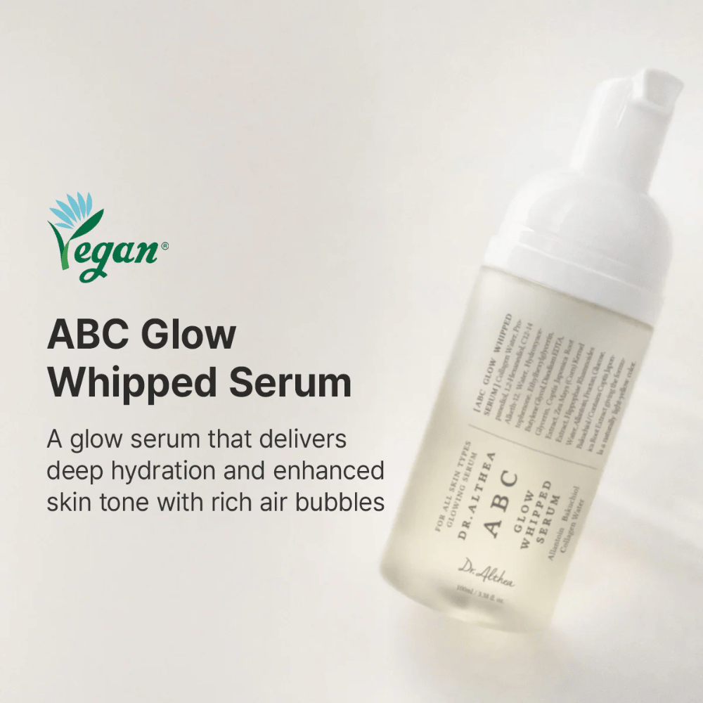 Kuva – brändäys / pääkuva (tärkein)
Dr. Althea ABC Glow Whipped Serum – vegaaninen glow seerumi, jossa on ilmavia kuplia, jotka kosteuttavat ihoa ja antavat tasaisemman ihonsävyn sekä luonnollista hehkua.