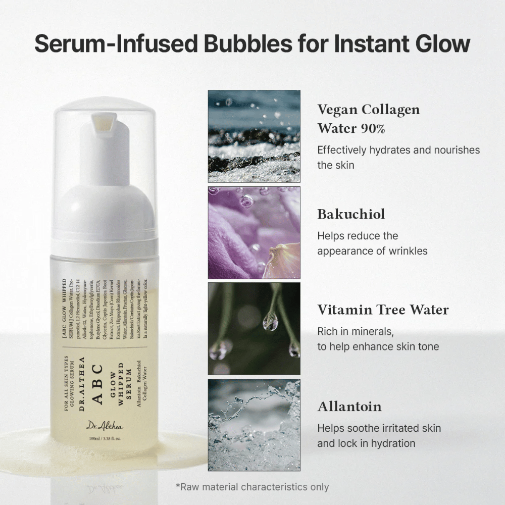 Kuva – ainesosat (EEAT + ranking)
Dr. Althea ABC Glow Whipped Serum sisältää vegaanista kollageenia, bakuchiolia, vitamin tree wateria ja allantoiinia, jotka kosteuttavat, rauhoittavat ja parantavat ihon rakennetta.