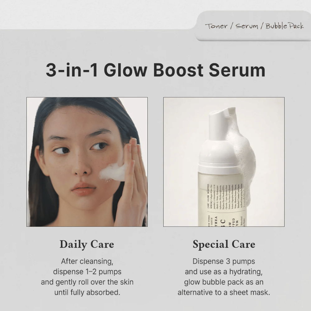Kuva – käyttö (daily vs special care)
Dr. Althea ABC Glow Whipped Serum käytetään päivittäisenä seerumi-tuotteena tai kosteuttavana bubble mask -naamiona ekstrahehkua ja intensiivistä ihonhoitoa varten.