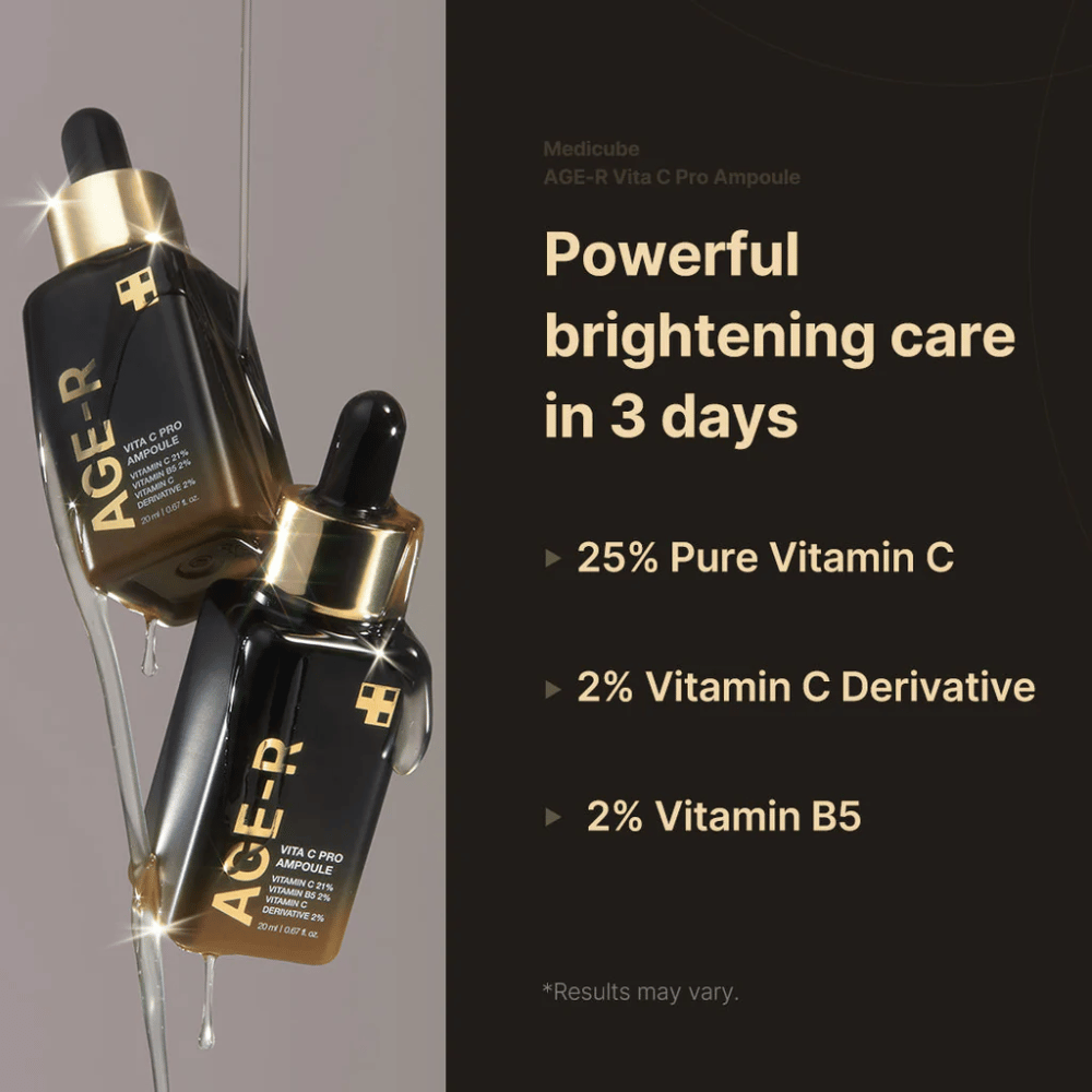 Kuva Medicube Age-R Vita C Pro Ampoule -tuotteesta, joka korostaa tuotteen kirkastavaa vaikutusta 3 päivän kuluessa. Tuote sisältää 25% puhdasta C-vitamiinia, 2% C-vitamiinijohdannaista ja 2% B5-vitamiinia. Pullot esitetään kultaisilla yksityiskohdilla ja pipetillä levitystä varten.