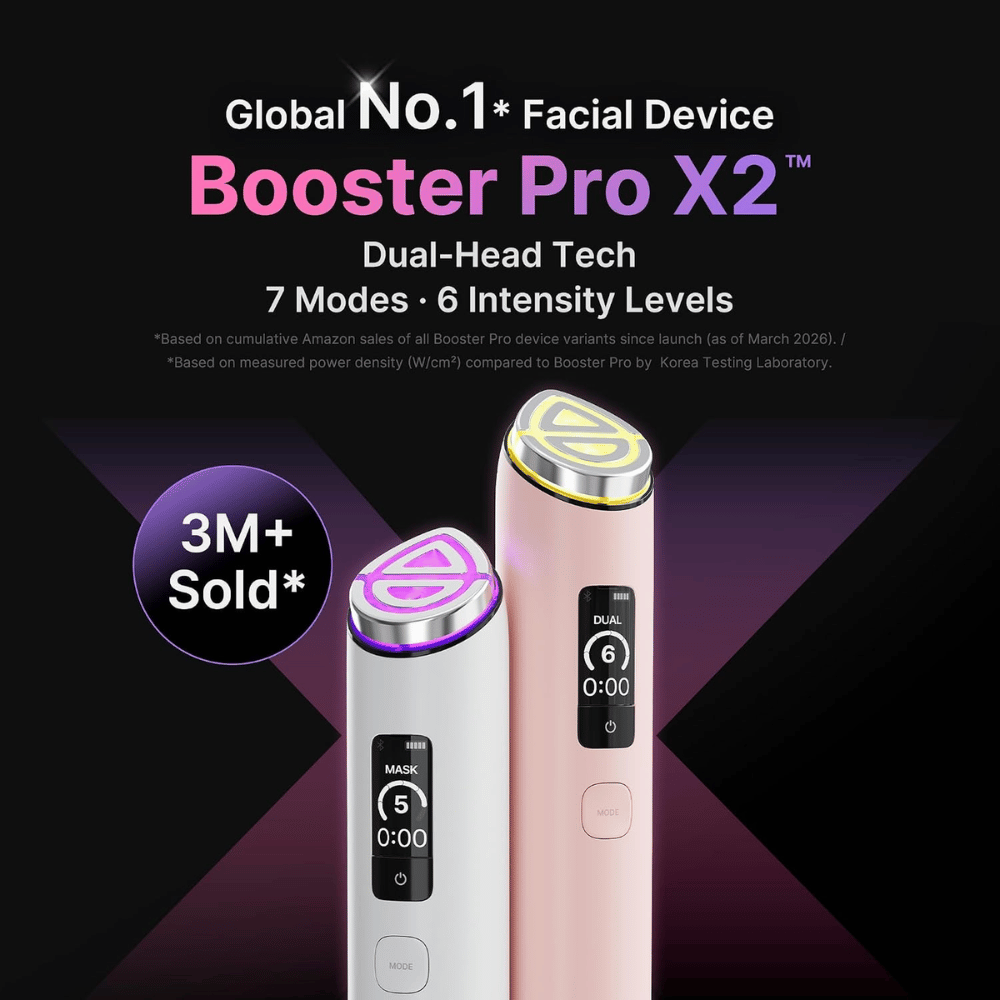 medicube AGE-R Booster Pro X2 edistynyt ihonhoitolaite, jossa on Dual-Head Tech, seitsemän hoitotilaa ja kuusi tehotasoa