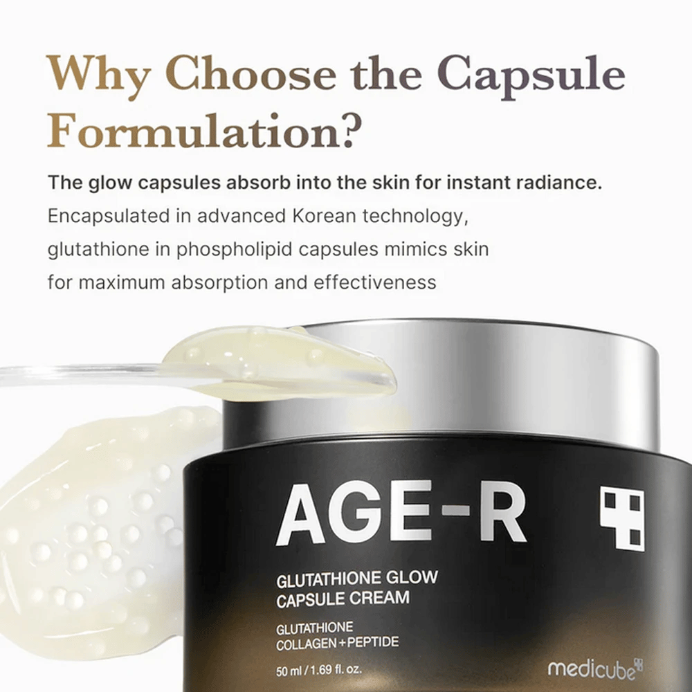 Medicube Age-R Glutathione Glow Capsule Cream markkinoidaan selityksellä kapselimuodon eduista. Glutationikapselit imeytyvät nopeasti ihoon antaen välittömän hehkun, kiitos edistyneen korealaisen tekniikan, joka jäljittelee ihon omia mekanismeja maksimaalisen vaikutuksen saavuttamiseksi.