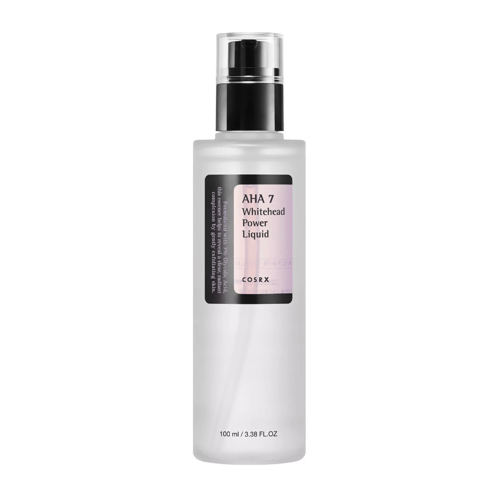 COSRX AHA 7 Whitehead Power Liquid pullo 100 ml, tehokas kuorinta 7 % glykolihapolla valkopäitä ja epätasaista ihonsävyä vastaan.