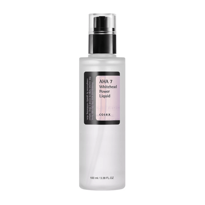 COSRX AHA 7 Whitehead Power Liquid pullo 100 ml, tehokas kuorinta 7 % glykolihapolla valkopäitä ja epätasaista ihonsävyä vastaan.