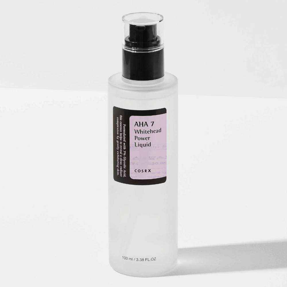 COSRX AHA 7 Whitehead Power Liquid 100 ml, kemiallinen kasvojen kuorinta glykolihapolla, joka kuorii, vähentää mustapäitä ja kirkastaa ihoa.