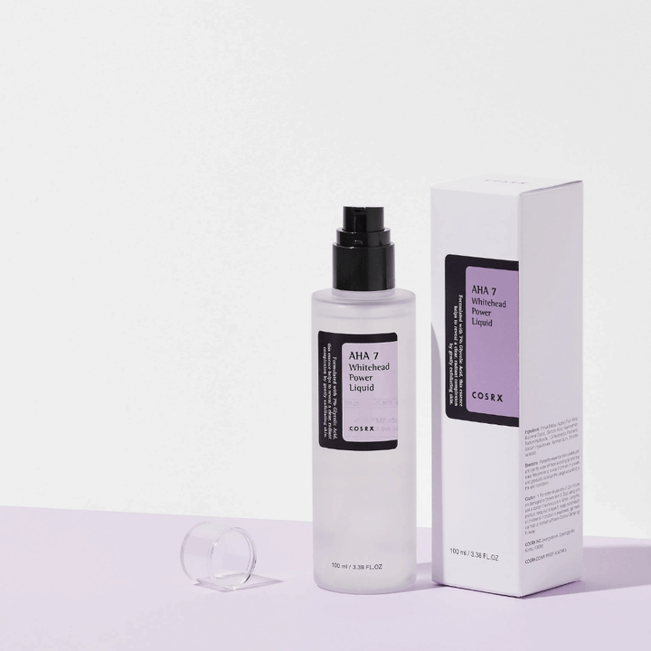 COSRX AHA 7 Whitehead Power Liquid pakkauksella, kuoriva kasvovesi 7 % AHA:lla valkopäitä vastaan ja ihonsävyn tasoittamiseen.