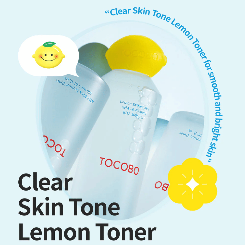 Useita TOCOBO Clear Skin Tone Lemon Toner -pulloja, joissa on keltainen sitruunanmuotoinen korkki, kuplia nesteessä ja teksti, joka korostaa AHA- ja BHA-aineosia vaaleansinisellä taustalla.