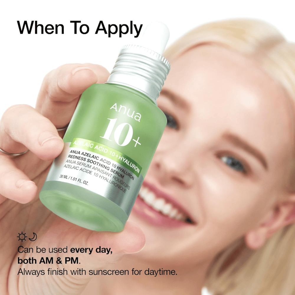 ANUA Azelaic Acid 10+ Hyaluron on rauhoittava seerumi, joka vähentää punoitusta ja kosteuttaa ihoa. Täydellinen päivittäiseen käyttöön sekä aamulla että illalla. Sisältää atselaiinihappoa ja hyaluronihappoa tasapainottamaan ja vahvistamaan ihon suojakerrosta. Käytä aina aurinkosuojaa päivällä.