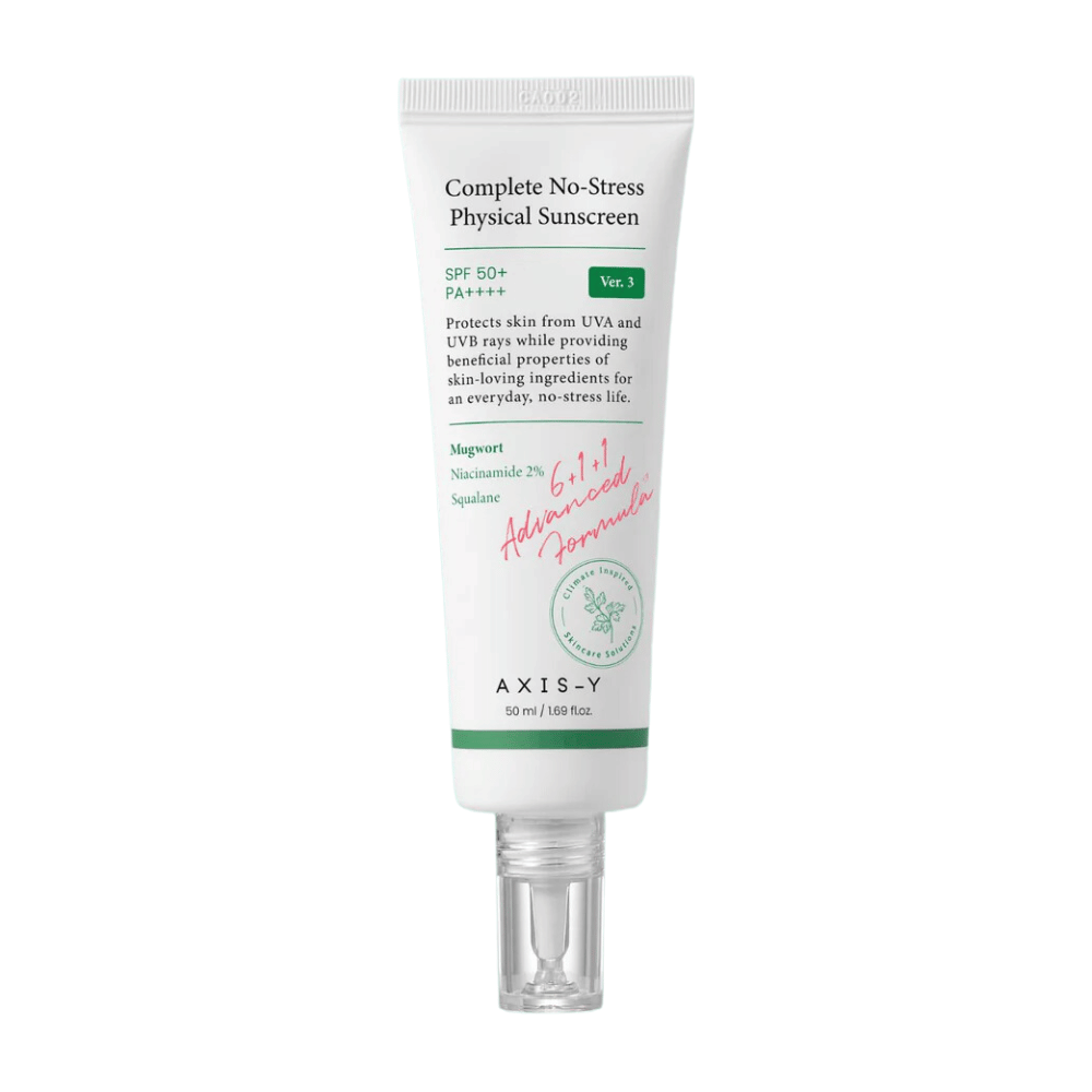 Kuvassa oleva tuote on "AXIS-Y Complete No-Stress Physical Sunscreen", versio 3. Se on fysikaalinen aurinkovoide, jossa on SPF 50+ ja PA+++, joka suojaa ihoa sekä UVA- että UVB-säteilyltä.