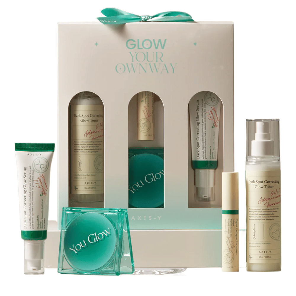 AXIS-Y Glow Your Own Way Beauty Box – täydellinen vegaaninen ihonhoitopakkaus, joka vähentää pigmenttiläiskiä, kosteuttaa ja antaa hehkua. Täydellinen tasaisemman ihon sävyyn!