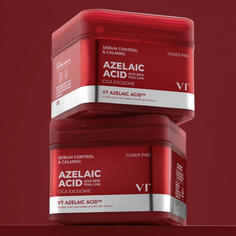 Kaksi purkkia VT Azelaic Acid Toner Padista – tehokas talikontrolli ja ihon rauhoittava hoito Cica Exosomella.