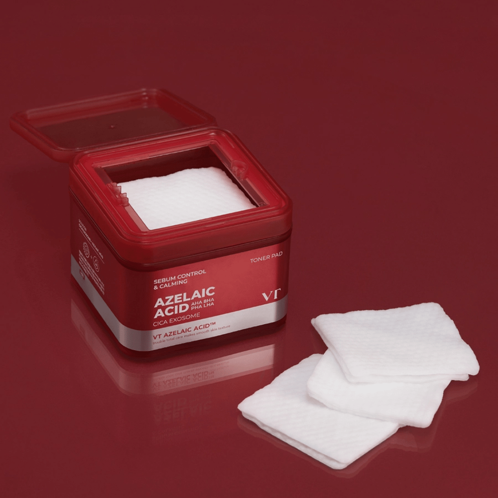 VT Azelaic Acid Toner Pad – kuorivat ja rauhoittavat tyynyt AHA, BHA, PHA ja LHA:lla tasapainoiselle, kirkkaalle iholle.